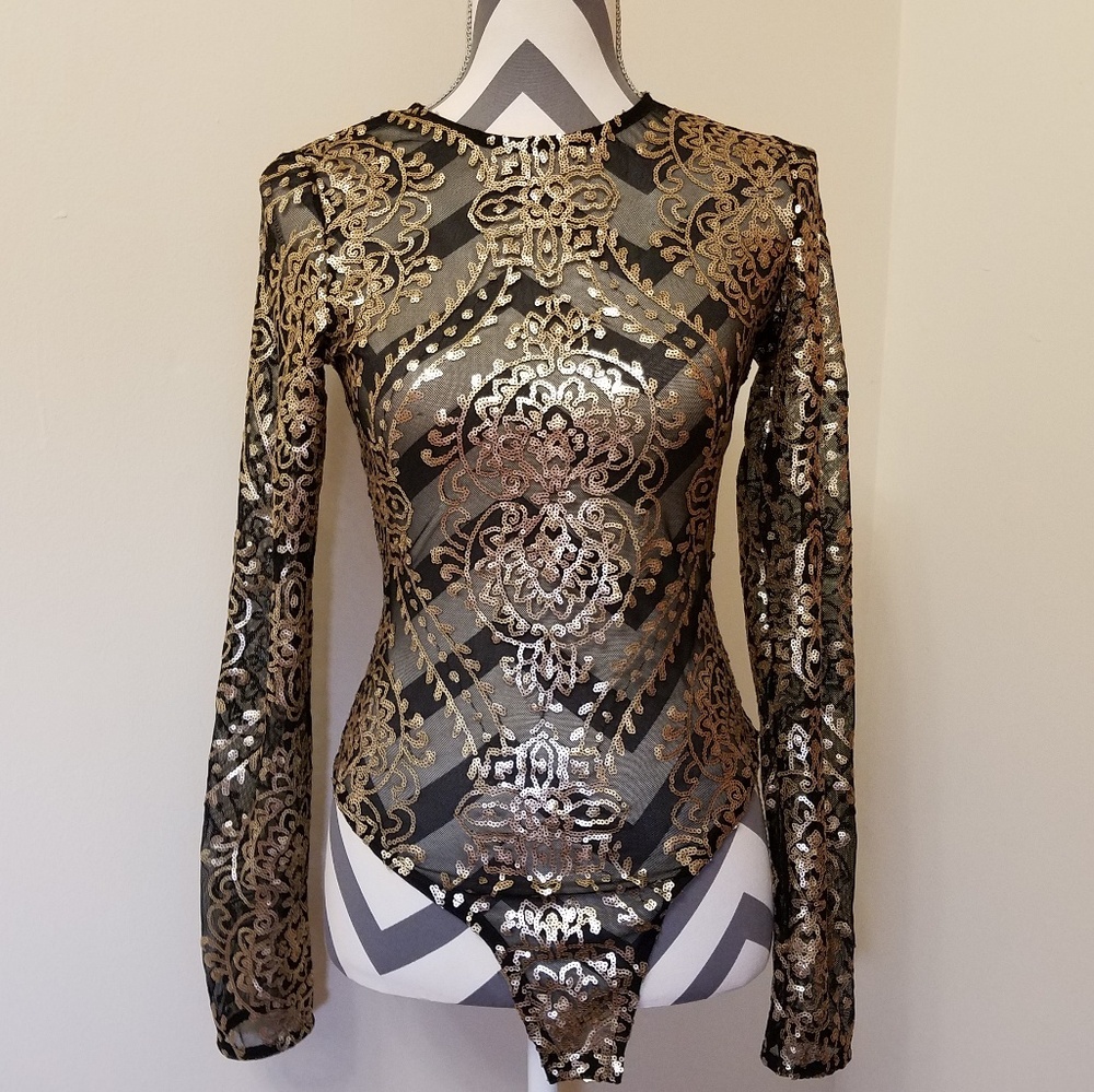 Black and gold sequin mesh bodysuit size M